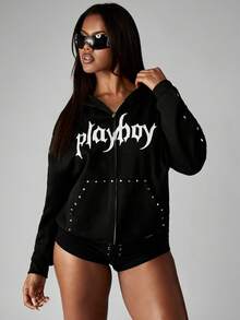 Missguided x Playboy Áo hoodie có khóa kéo toàn bộ phong cách Gothic với đinh tán kim loại thời trang đường phố thay thế sắc sảo, Rock Punk, lễ hội mùa đông thu - màu đen - Xem 1