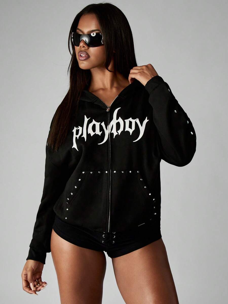 Missguided x Playboy Áo hoodie có khóa kéo toàn bộ phong cách Gothic với đinh tán kim loại thời trang đường phố thay thế sắc sảo, Rock Punk, lễ hội mùa đông thu - màu đen - Xem 1