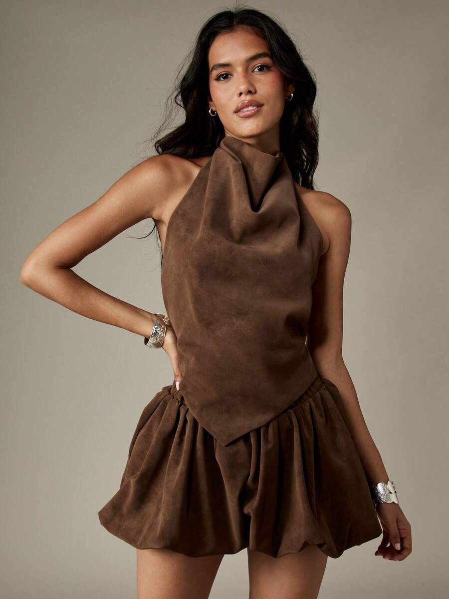 MISSGUIDED Suede Two Piece Set With Halter Neck Crop Top And Bubble Mini Skirt Elegant Evening Party Outfit Fall Winter Formal - Coffee Brown - View 1