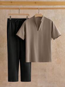 Manfinity BRENVOR 2 件套男士休闲皱 V 领衬衫套装男士休闲上下装两件套亚麻套装，欧洲夏季服装，舒适服装 - 彩色 - 查看 3