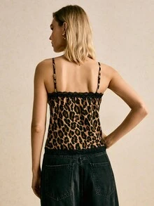 Poéselle 女士豹纹蕾丝边吊带背心，缎面细肩带动物纹印花，万圣节服装，豹纹上衣，蕾丝吊带背心，缎面吊带衫，动物纹印花，外出上衣，美学，Y2K时尚，女士撞色蕾丝豹纹宽松吊带衫，性感时尚，适合日常穿着、外出、约会、派对、通勤等各种场合，秋冬季 - 棕色 - 查看 8