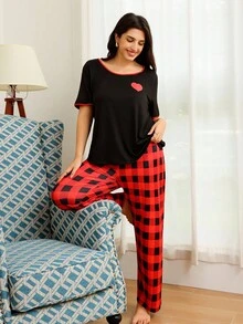 SHEIN Doze Lane 撞色边心形印花短袖格子休闲睡衣套装，加大码 - 彩色 - 查看 6