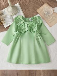 女宝宝浅绿色休闲可爱韩版时尚日常连衣裙，春秋 - 綠色 - 查看 4