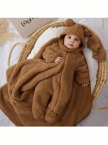 Loomiva 新生男婴/女婴棕色羊毛加厚纯色休闲套装 - 棕色 - 查看 5