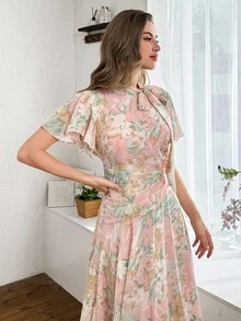 Modelyn 女式荷叶边领口系带喇叭下摆泡泡袖连衣裙 - 彩色 - 查看 6