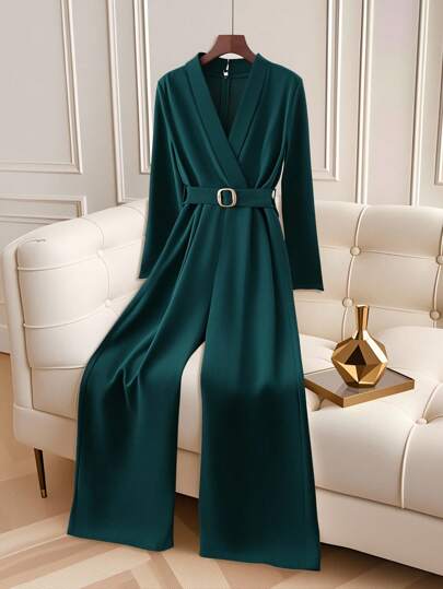 GlowEve Women's Solid Color Long Sleeve Elegant Wide Leg Wrap Waist Long Jumpsuit Fall Cloth For Women
