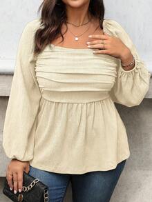 Vionelle Áo peplum cổ vuông tay đèn lồng xếp nếp thanh lịch cỡ lớn cho nữ xuân/hè, dành cho dịp Giáng sinh - Màu be - Xem 5