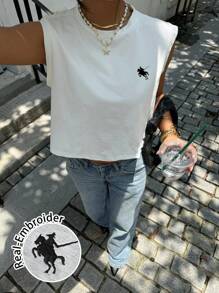 Siren Gaze 女士休闲圆领无袖短款背心，刺绣标志，百搭，适合夏季 - 白色 - 查看 3