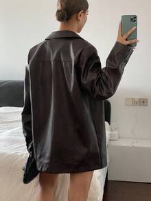 Livesso Women's Casual Solid Color PU Loose Blazer Jacket, Autumn