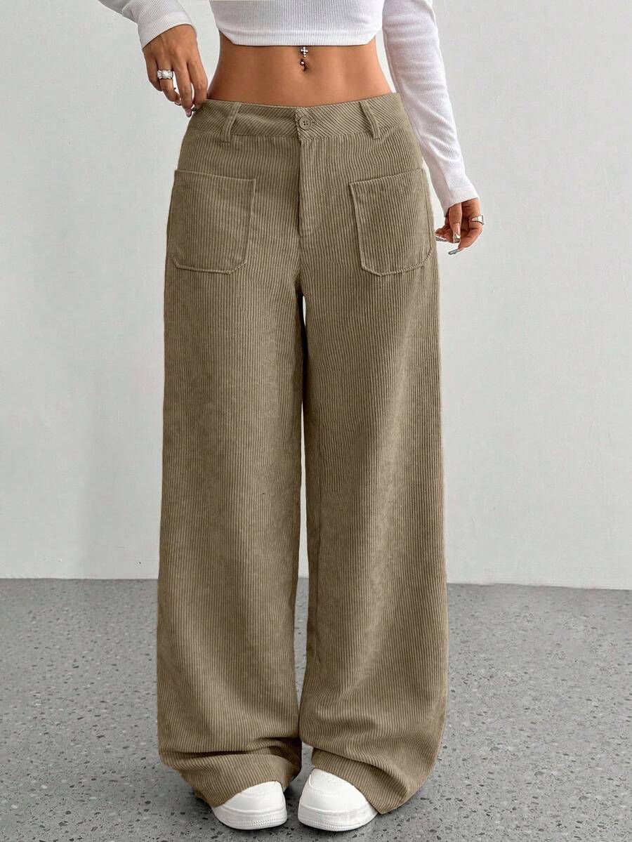 Flirla Women's Autumn Simple Solid Color Corduroy Casual Loose Straight Pants Fall Cloth For Women - Brown - View 1
