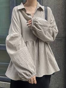 FRIFUL Women's Regular Collar Lantern Sleeve Loose Ruffled Hem Striped Contrast Color Blouse Women Oversized Tops Oversized Shirt Women Striped Oversized Shirt Baggy Shirt Oversized Blouse Long Sleeve Top