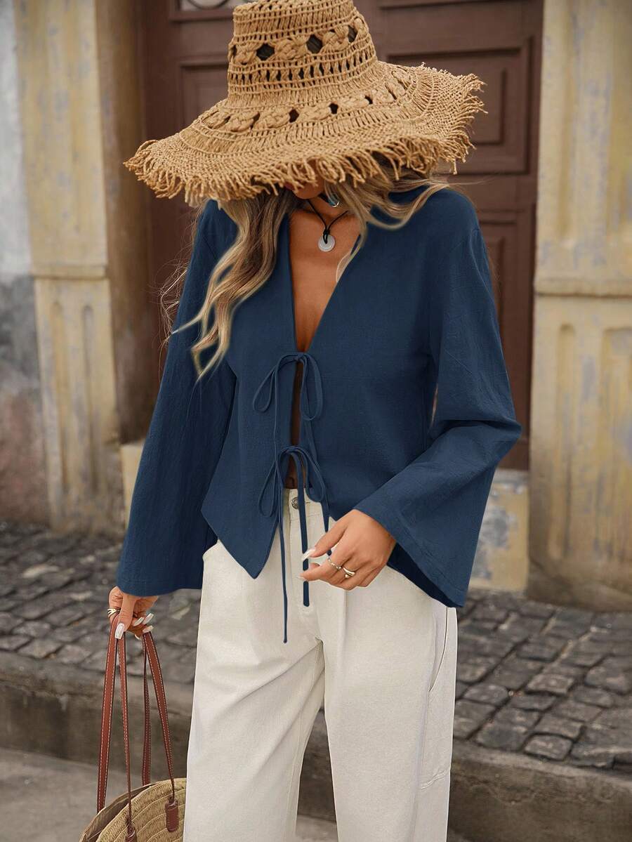 Brillora Camisa holgada de manga larga con vuelo y ajuste regular de unicolor tejida para mujer, ideal para vacaciones