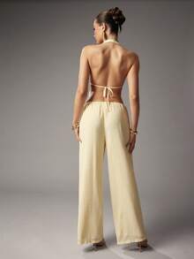 Hauture Women's Summer Going Out Vacay 2 Pieces Set With Butter Yellow Texture Chiffon Top And Pant - Yellow - View 3