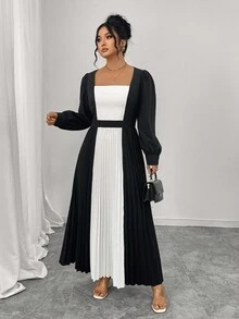Elenzga Plus Size Elegant Commuter Color Block Pleated Dress Fall Cloth For Women - Black and White - View 5