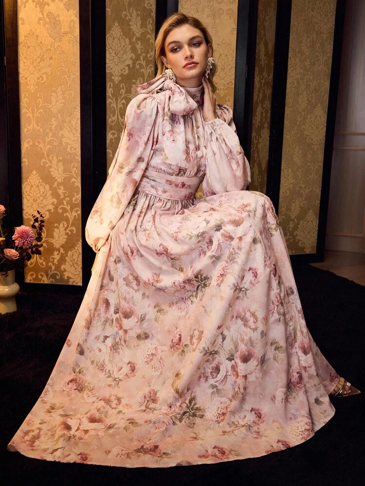 WOMEN'S ELEGANT FLORAL PRINT BELTED DRESS
