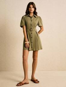 Poéselle Váy sơ mi thường ngày đơn hàng khuy ngắn tay màu trơn dành cho nữ - xanh quân đội - Xem 4