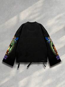ROMWE MEN Street Life Vintage Street Style Distressed Saint Graphic Long Sleeve Crew Neck Men's T-Shirt, Fall - Black - View 2