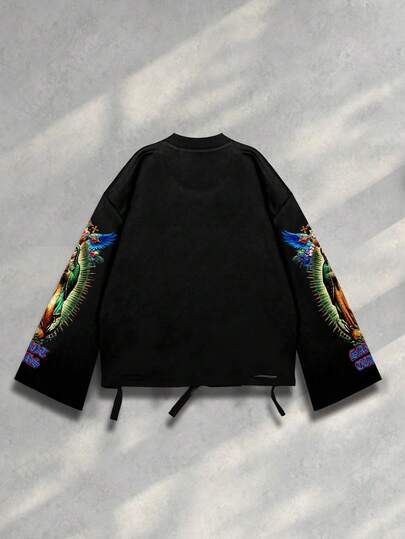 Street Life T-shirt à col ras-du-cou à manches longues pour hommes, style vintage de rue, avec graphique Saint délavé