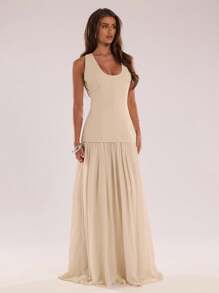 SHEIN BAE Autumn Women's Fashionable Casual Sleeveless Maxi Dress, Elegant Maxi Dress, Elegant Party Dress, Pleated Maxi Dress