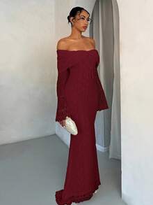 SHEIN BAE Vestido feminino elegante de renda branca com ombros de fora e manga comprida estilo sereia, adequado para casamento, festa e reunião - Borgonha - Ver 5