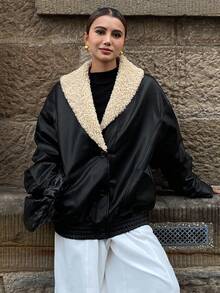 DAZY 女式宽松休闲街头风羊毛与 PU 皮革拼布 V 领外套，秋冬夹克