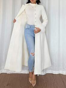 Rafferiza 女式纯色长袖仿皮草袖口纽扣长款优雅大衣，秋冬 - 米色 - 查看 7