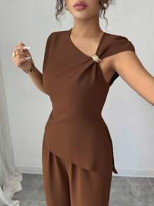 Lyxana Solid Asymmetrical Neck Top & Wide Leg Pants - Rust Brown - View 6