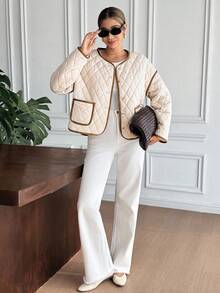 Serisse Áo khoác dài tay có túi cài nút phía trước họa tiết tương phản dành cho nữ - Màu be - Xem 6