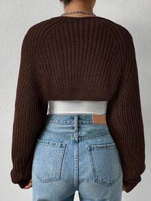 SHEIN EZwear Áo khoác cardigan dệt kim gân màu nâu thời trang nữ tay raglan (không bao gồm áo hai dây), Thu/Đông - màu nâu - Xem 2