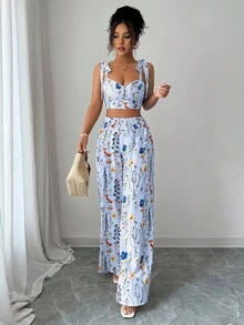 Elenzga 2pcs/Set Women's Standard Size Camisole Top With Back Cutout Design + High Waist Wide Leg Pants - Baby Blue - View 3