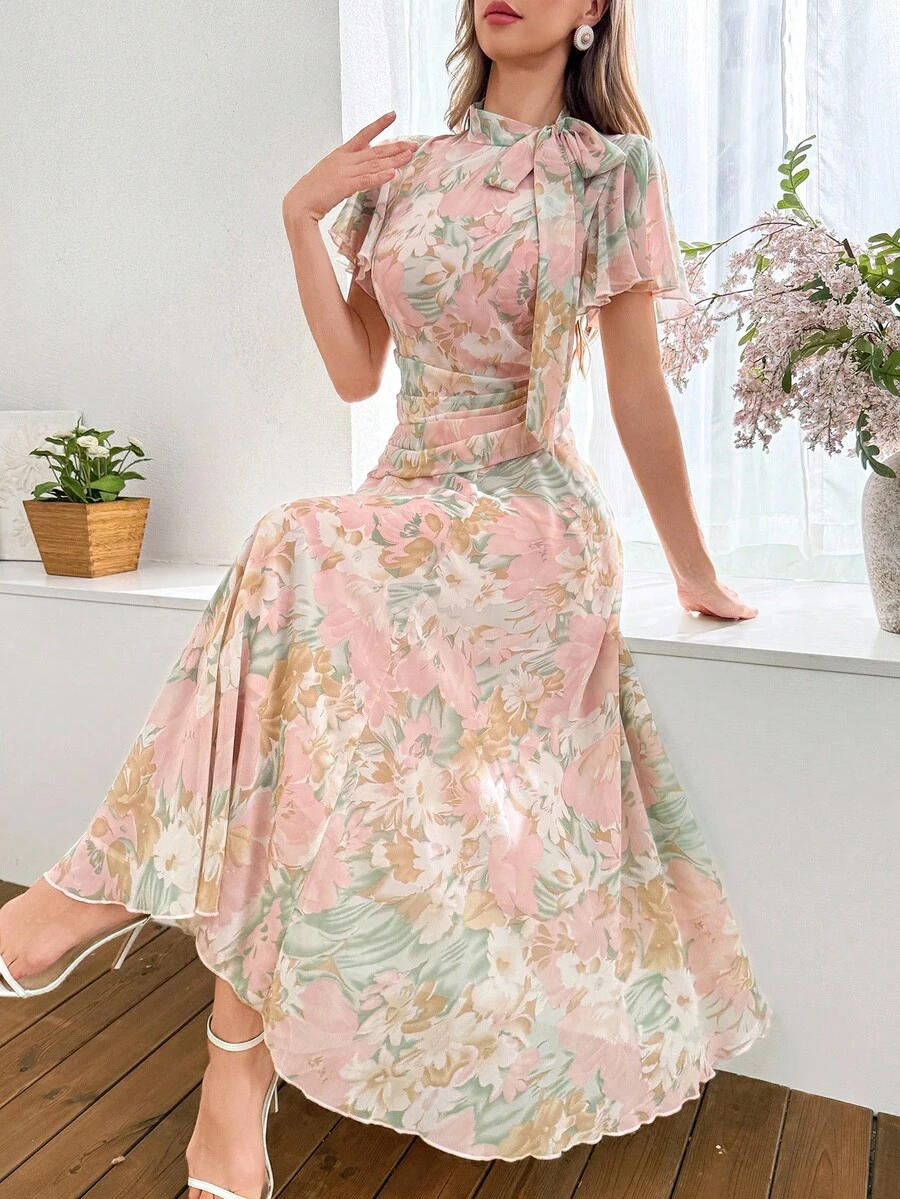 Modelyn 女式荷叶边领口系带喇叭下摆泡泡袖连衣裙 - 彩色 - 查看 1