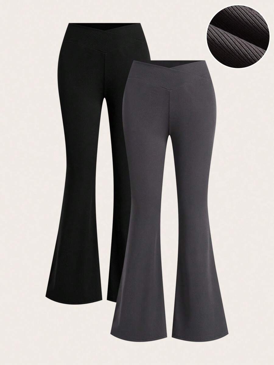 SHEIN EZwear 2件套女士黑灰色腰部交叉设计紧身休闲喇叭裤套装 - 彩色 - 查看 1