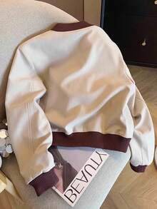 INAWLY 大码女式休闲时尚拼色拉链口袋飞行员夹克，春秋季 - 卡其色 - 查看 2
