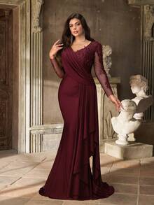 Aureia 大码优雅奢华红色刺绣亮片蕾丝拼接弹力针织泳衣，带美人鱼尾和可拆卸侧边荷叶边，适合婚礼、派对、度假、盛大晚宴、晚礼服、新娘母亲、情人节等场合。 - 酒紅色 - 查看 7