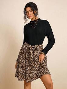 SHEIN LUNE 大码豹纹拼布 A 字型束腰连衣裙动物印花豹纹女装秋季女装冬季女装办公室服装时尚冬季商务冬季棕色派对秋季万圣节圣诞节 - 彩色 - 查看 9