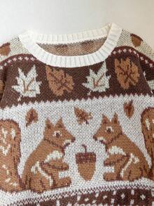 Franclia Women's Fall Casual Everyday Cartoon Squirrel & Leaf Patchwork Pattern Dropped Shoulder Loose Pullover Sweater, Autumn/Winter