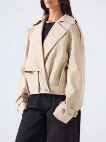 LYSMO Áo khoác trench coat cài nút màu trơn thường ngày cho nữ, mùa thu - Màu Khaki - Xem 4