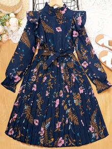 Sparklyn 女大童印花荷葉邊荷葉袖百褶下擺繫腰帶洋裝 - 藏蓝色 - 查看 8