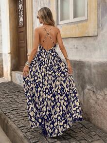 Brillora 女士度假全印花低胸性感加长吊带连衣裙 - 藍色 - 查看 2