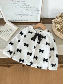 SHEIN 女婴时尚百搭蝴蝶结装饰毛绒夹克，适合秋冬季日常穿着 - 彩色 - 查看 1