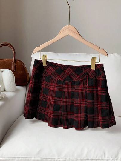 Comfortcana 女式休闲格子褶皱A字裙，秋季