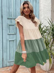 Breezaya Color Block Flounce Sleeve Ruffle Hem Smock Dress Vacation Beach Outfits Women - Multicolor - View 3