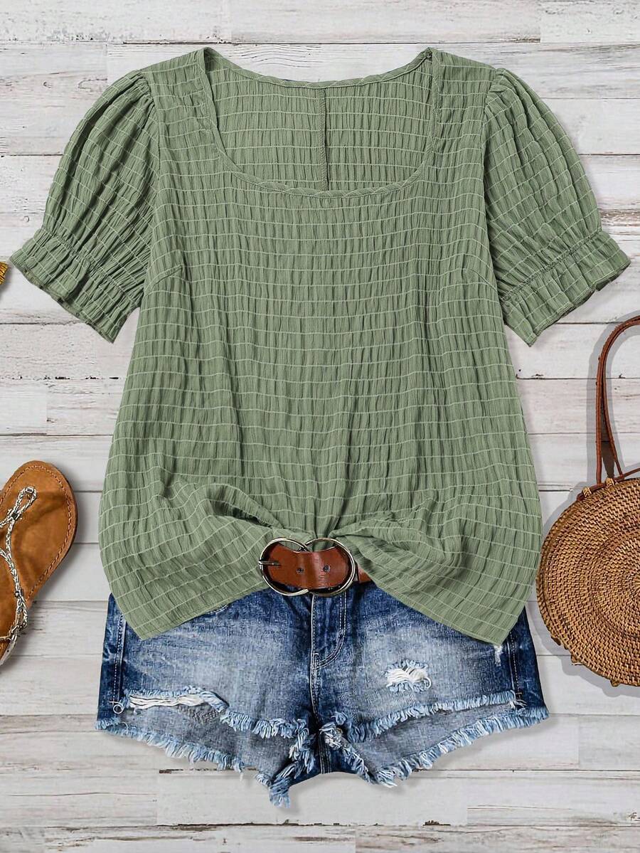 SHEIN VCAY Plus Size Casual Solid Color Textured Puff Sleeve Shirt - Green - View 1