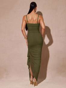 xheSilquee Elegante vestido verde salvia con volantes románticos, abertura alta y vestido de fiesta ajustado con encaje, adecuado para el Día de San Valentín, citas, bodas, bailes de graduaciónxhe - Verde militar - Ver 3