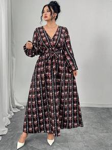 Modelyn Vestido corto de manga corta con volantes de talla grande para mujer, con estampado romántico elegante de rayas y flores - Multicolor - Ver 4