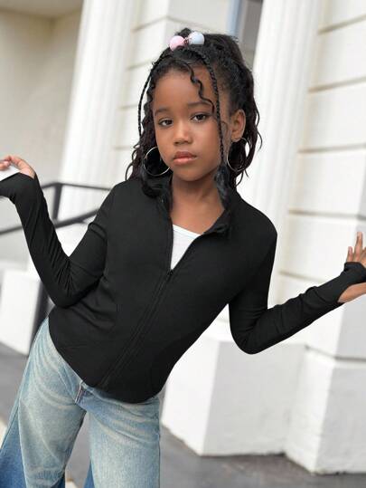 SHEIN Tween Girl Casual Fashionable Versatile Ribbed Solid Color Stand Collar Zip-Up Long Sleeve Fitted Jacket, Suitable For Weekend, Casual Outing, Back To School, Black Long Sleeve For Girls, Tween Girls Black Zip Up, Girls Black Ribbed Top,In Fall/Winter