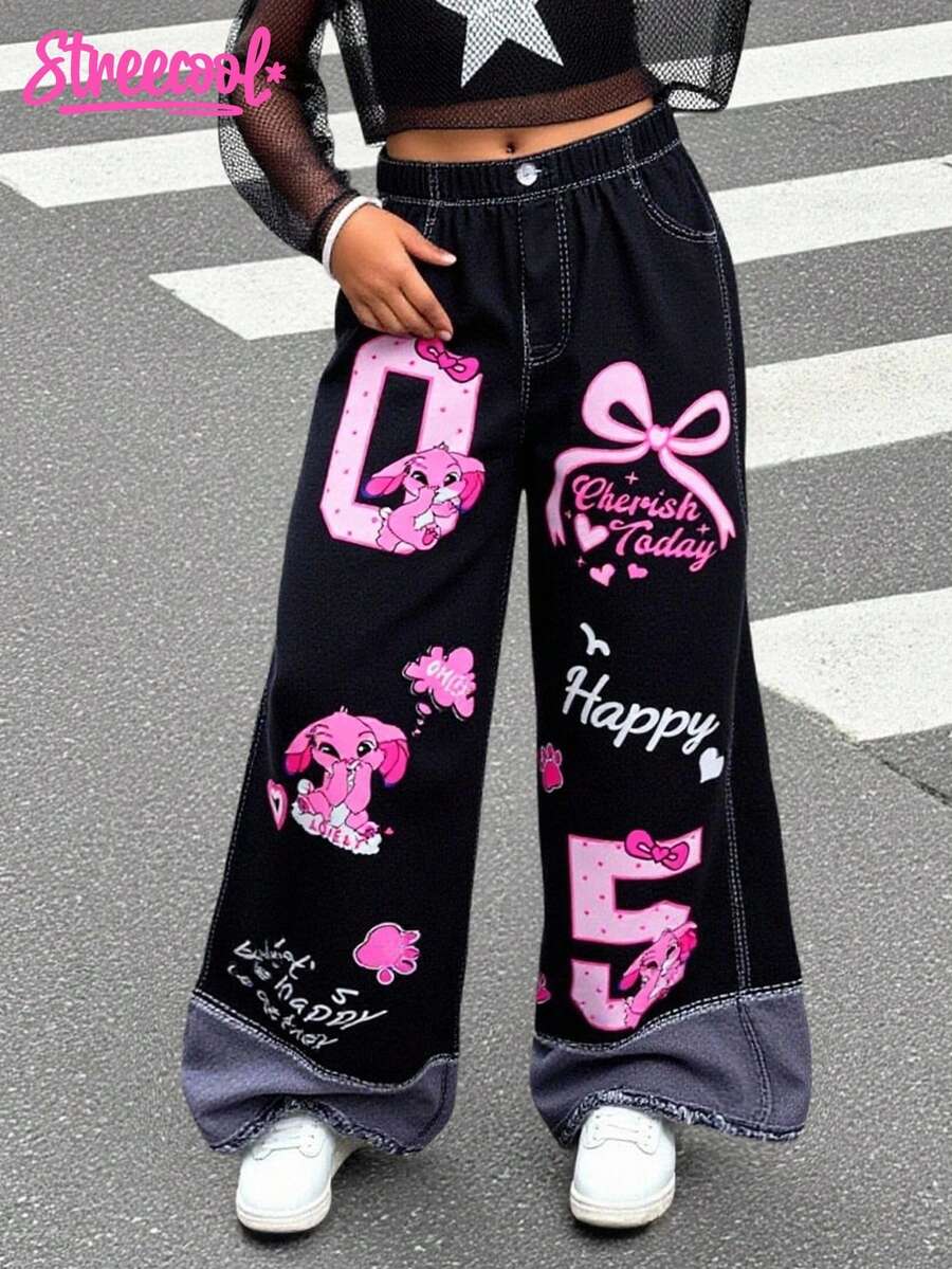 SHEIN Explorewe Pantalon large à imprimé slogan de dessin animé en couleur contrastée pour préadolescentes - Noir - Voir 1