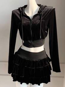 Comfortcana Bộ 2 món áo nỉ trùm đầu tay dài màu trơn có khóa kéo phía trước và chân váy midi dáng bánh thường ngày cho nữ - màu đen - Xem 1