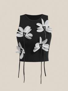 Easelle 毛线上衣 立体花朵 黑色网花 复古游牧风 - 黑色 - 查看 1