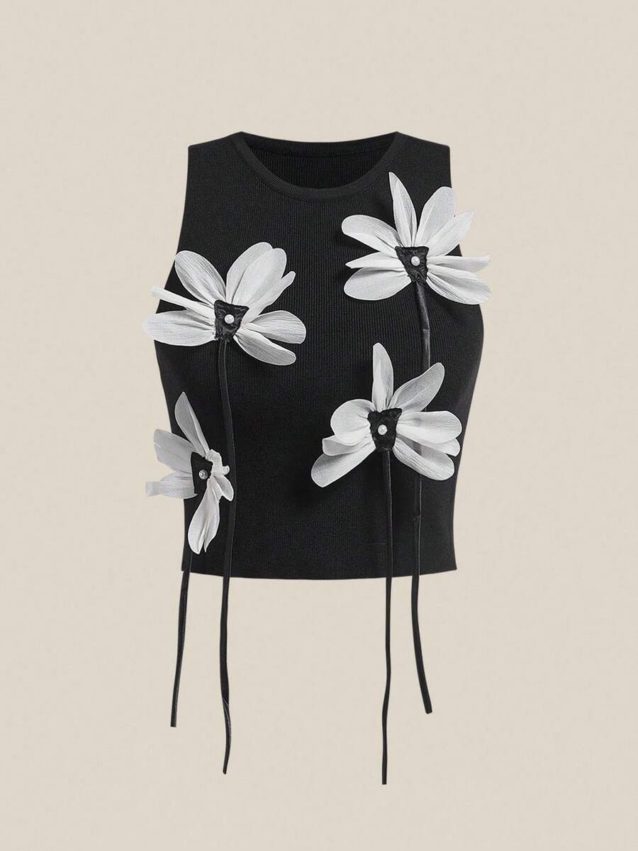 Easelle 毛线上衣 立体花朵 黑色网花 复古游牧风 - 黑色 - 查看 1
